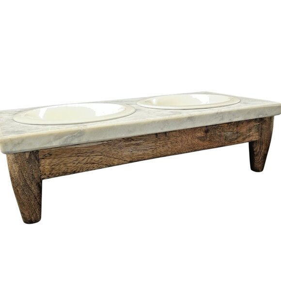 Elevated Pet Feeder x 2 Enamel Bowl Set Oak Hard Wood Base Marble Top Dog Cat - Picture 12 of 14